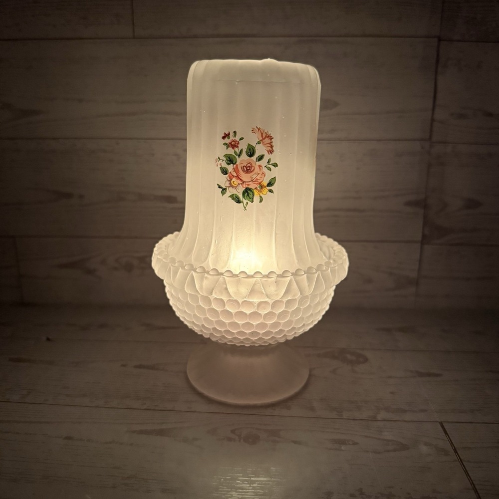 VTG Frosted Satin Glass Boudoir Fairy Lamp Floral Rose Hobnail Base Cottagecore